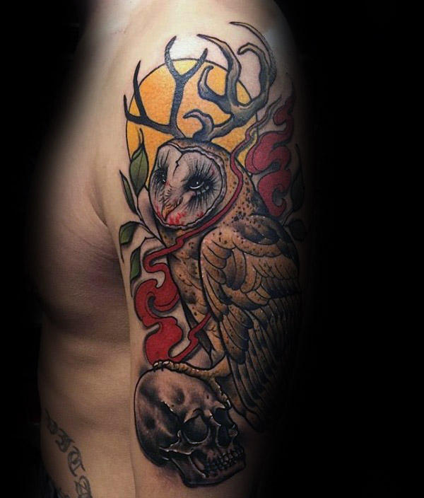 Amazing Colorful Traditional Style Barn Owl With Skull Tattoo On Half Sleeve