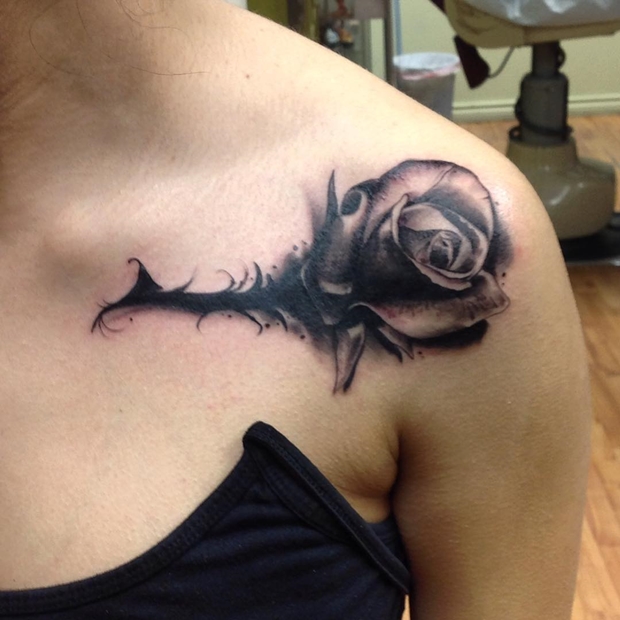 Artistic Black Rose Tattoo On Girl Shoulder