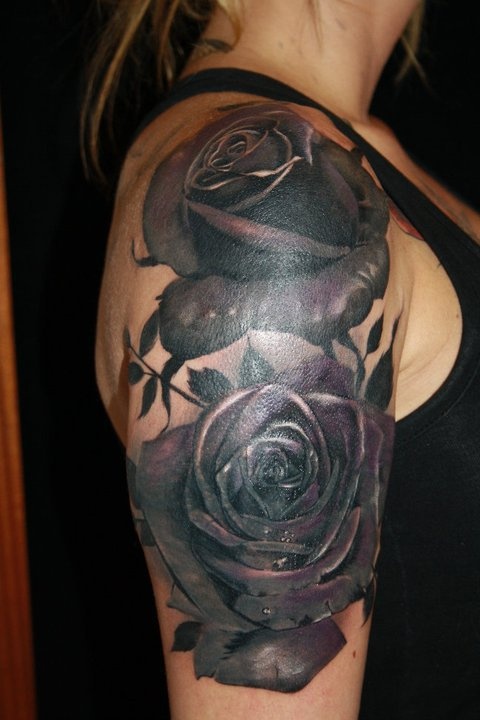 Astonishing Realistic Black Rose Tattoo On Girl Shoulder & Half Sleeve by Laura Juan