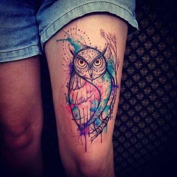 Awesome Colorful Barn Owl Tattoo On Thigh For Women