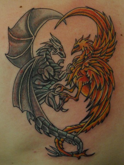 Awesome Grey Ink Dragon & Yellow Phoenix Tattoo Design