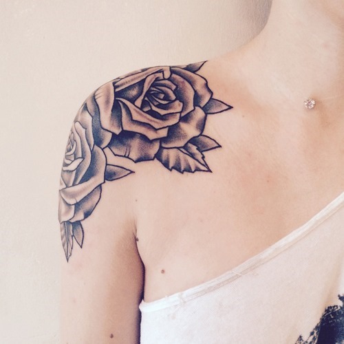 Beautiful Black Ink Rose Tattoo On Girl Shoulder