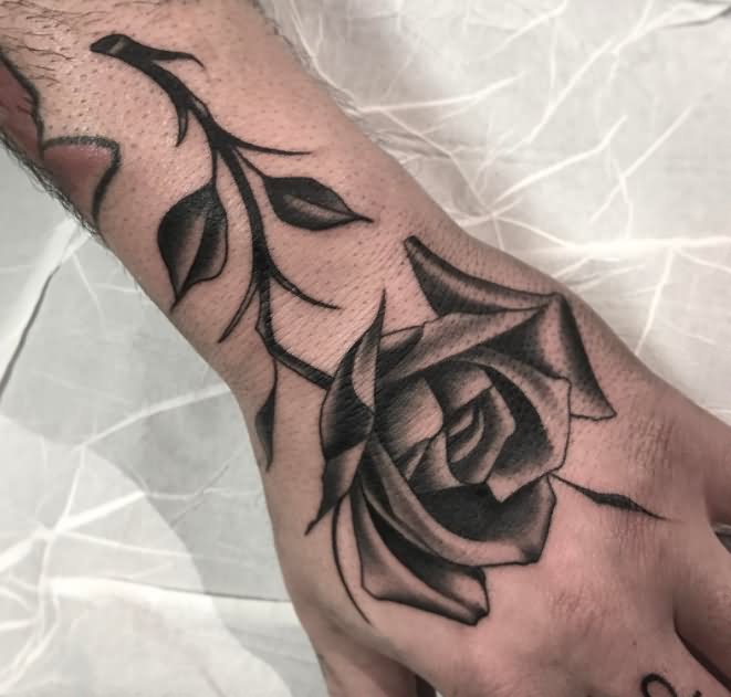 Beautiful Black Rose Tattoo On Hand