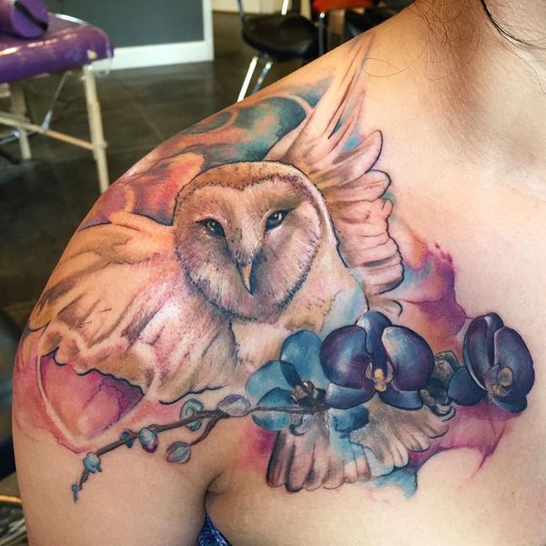Beautiful Colored Barn Owl With Flowers & Colorful Shades Tattoo On Shoulder For Girls