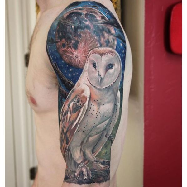 Beautiful Realistic White Barn Owl With Moon & Stars In Background Tattoo On Shoulder & Half Sleeve