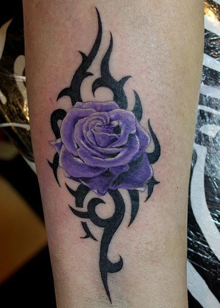 Best Purple Tribal Rose Tattoo Design On Forearm