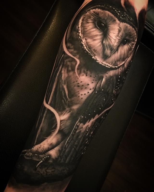 Black & Grey Ink Dark Barn Owl Tattoo On Arm