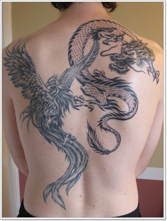 Black & Grey Ink Dragon & Phoenix Tattoo On Full Back For Men