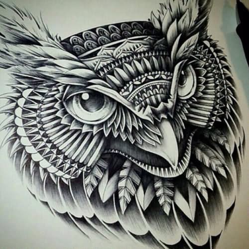 Black & Grey Ink Tribal Owl Head Tattoo Sketch
