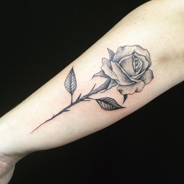 Black & Grey Shaded Rose Tattoo On Outer Forearm