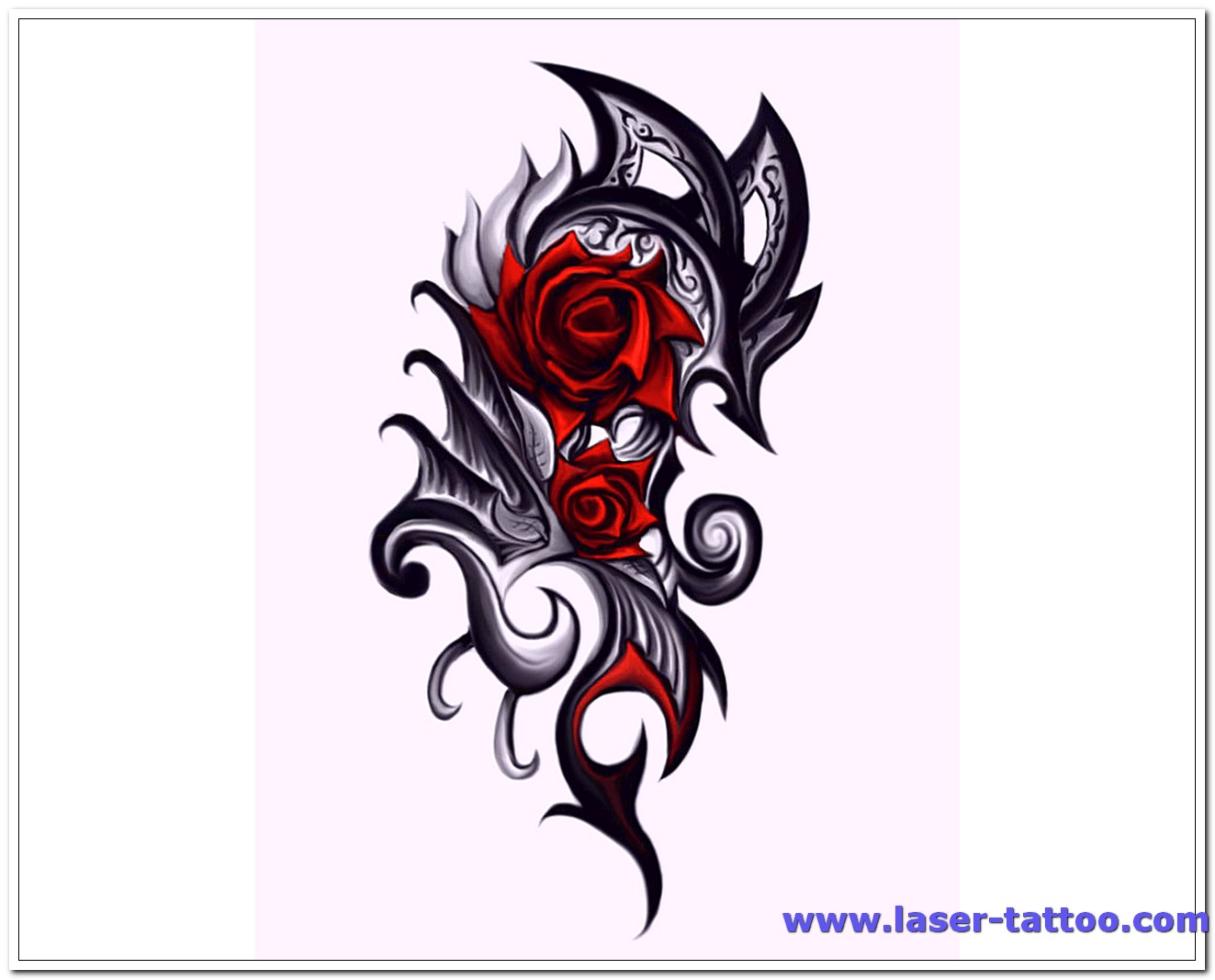 Black & Grey Tribal Background With Red Roses Tattoo Design