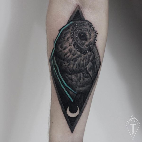 Black Ink Barn Owl In Rhombus Tattoo Design On Forearm