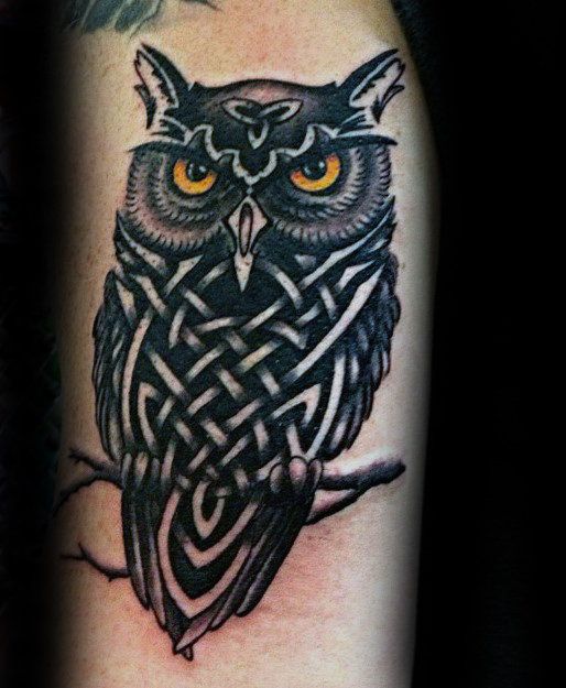 Black Ink Celtic Tribal Owl With Glowing Eyes Tattoo On Arm