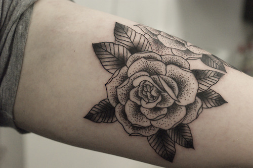 Black Ink Dotwork Rose Tattoo On Bicep