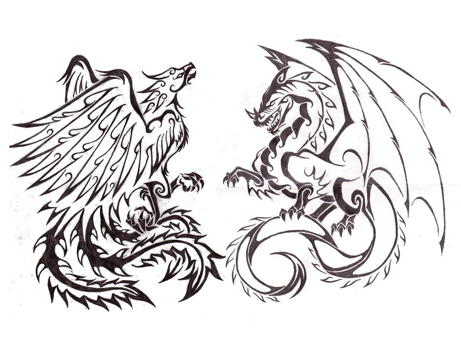 Black Ink Dragon And Phoenix Tattoo Design By Saera-Song On DeviantArt