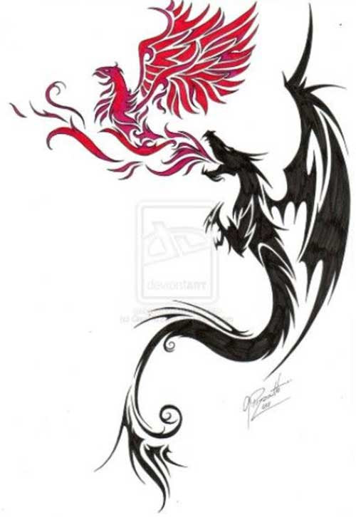 Black Ink Dragon Catching Red Phoenix Tattoo Design By GisaPizzatto On DeviantArt