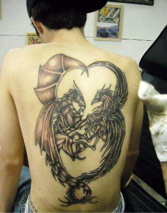 Black Ink Dragon and Phoenix Tattoo On Full Back