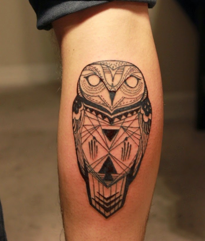 Black Ink Geometrical Design Tribal Owl Tattoo On Men Inner Forearm