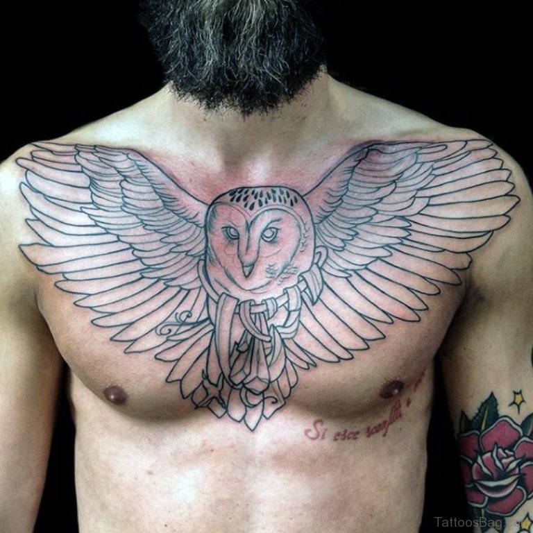Black Ink Outline Barn Owl Tattoo On Man Chest