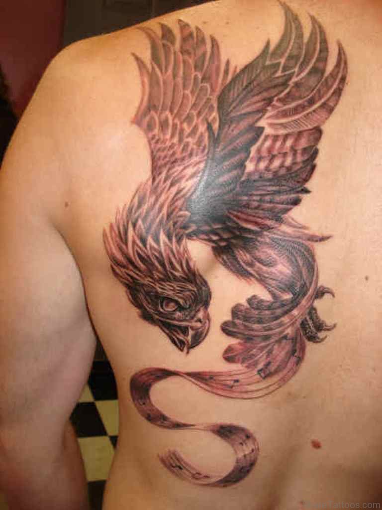 Black Ink Realistic Flying Phoenix Tattoo On Side Back