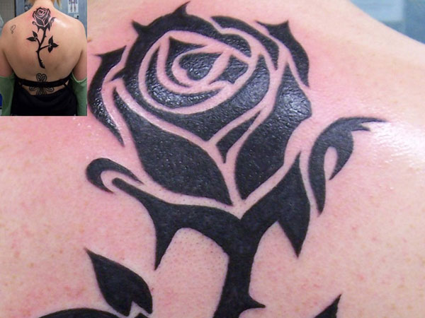 Black Ink Tribal Rose Tattoo On Back For Girls