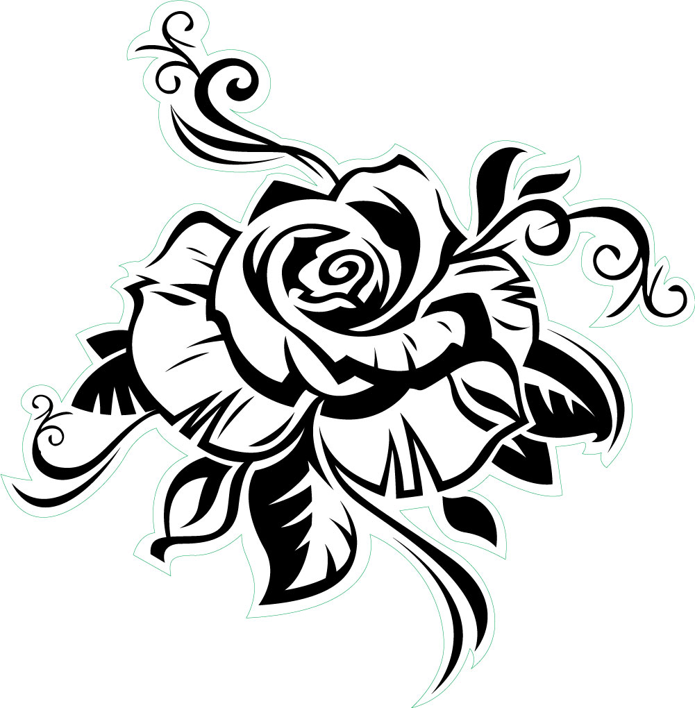Black Ink Tribal Rose With Leaves Tattoo Design