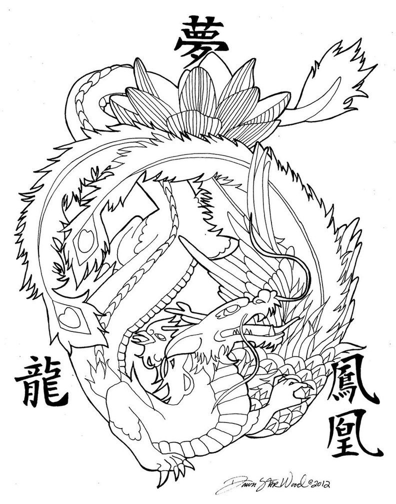 Black Outline Dragon And Phoenix Tattoo Design By DawnstarW By DeviantArt