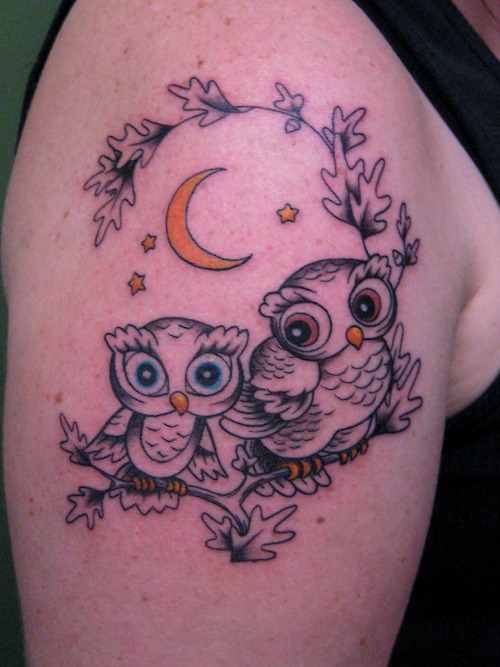 Black Outline Owl With Cute Baby Owl Tattoo On Shoulder With Stars & Moon