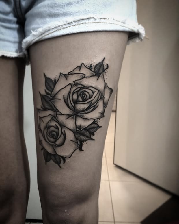 Black Outline Rose Tattoo On Thigh