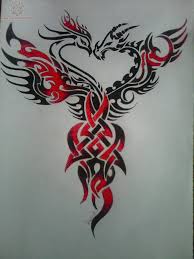 Black & Red Ink Tribal Dragon And Phoenix Tattoo Design