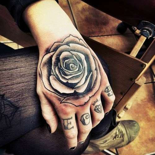 Black Shaded Rose Hand Tattoo For Girls