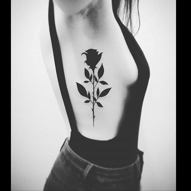 Black Silhouette Rose With Stem Tatooo On Girl Siderib