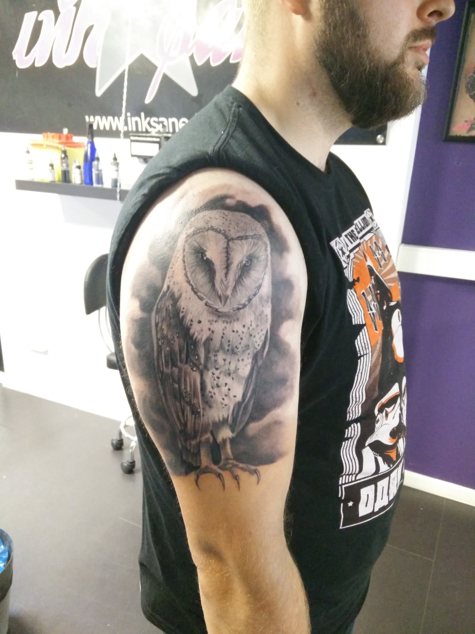 Black & White Barn Owl Tattoo On Man Half Sleeve