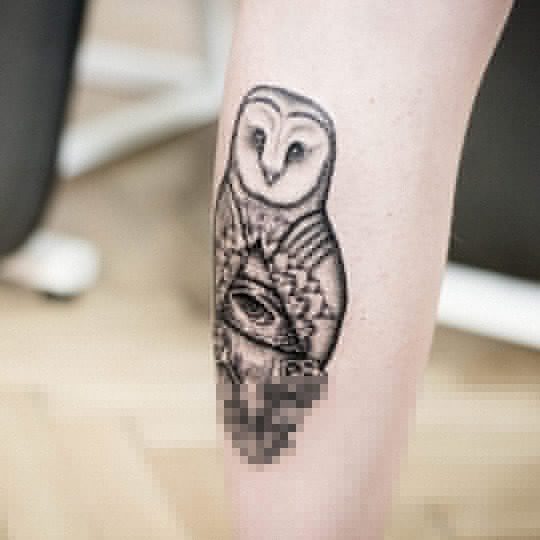 Black & White Eye Of Providence In Barn Owl Tattoo On Arm