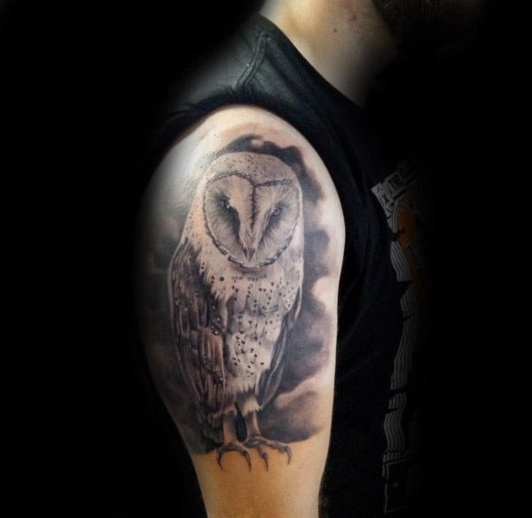Black & White Ink Barn Owl Tattoo On Half Sleeve