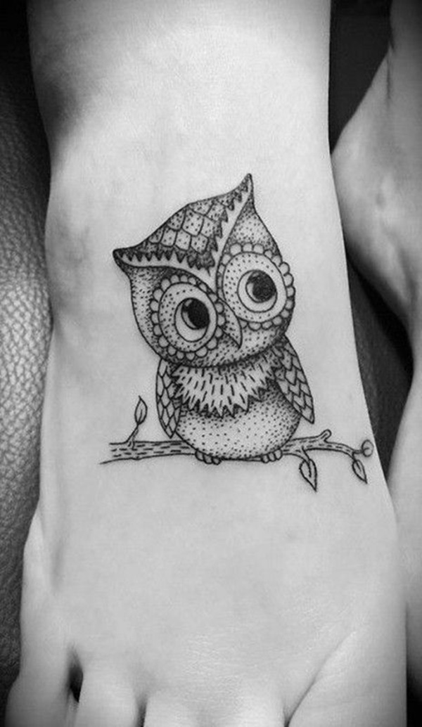 Black & White Mandala Baby Owl Tattoo On Foot For Girls