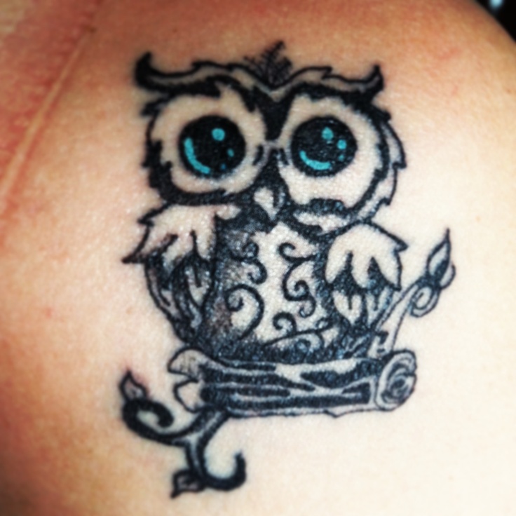 Blue Eyed Black Outline Baby Owl Tattoo Design