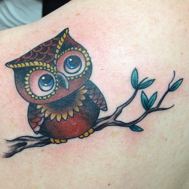 Blue Eyed Red & Yellow Traditional Baby Owl Tattoo On Back Shoulder