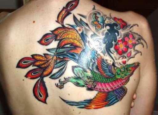 Chinese Dragon Phoenix With Flowers Tattoo On Back
