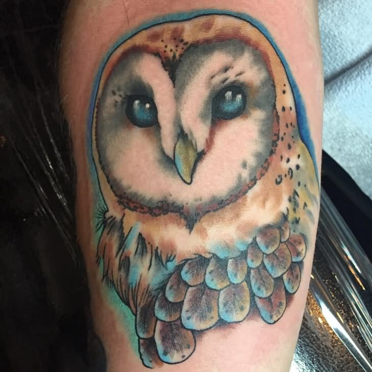 Colored Barn Owl Head Tattoo Design On Forearm