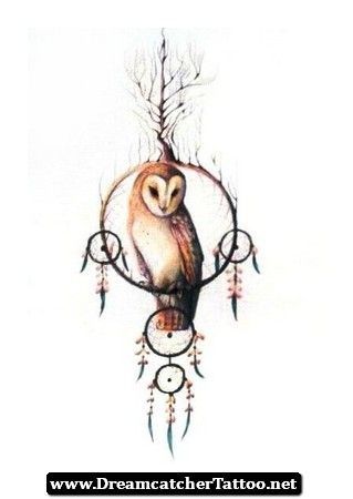Colored Barn Owl In Dream Catcher Tattoo Design