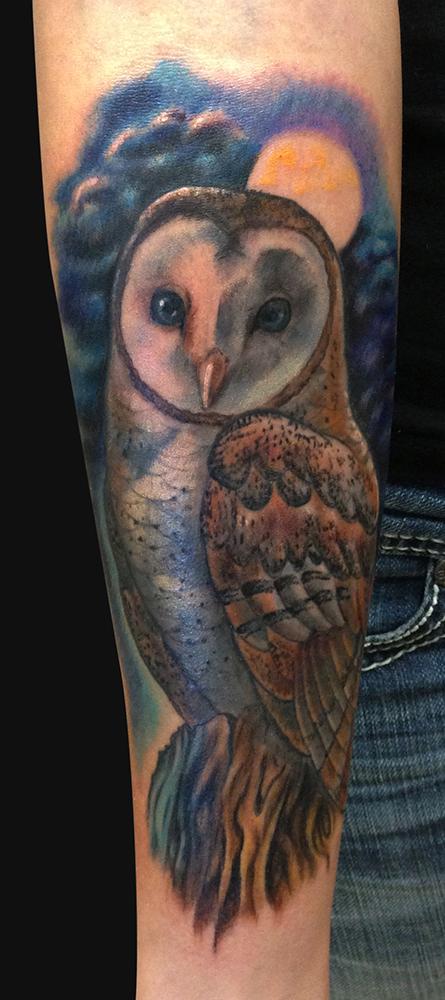 Colored Barn Owl With Moon Tattoo On Forearm By Jamie Lee Parker