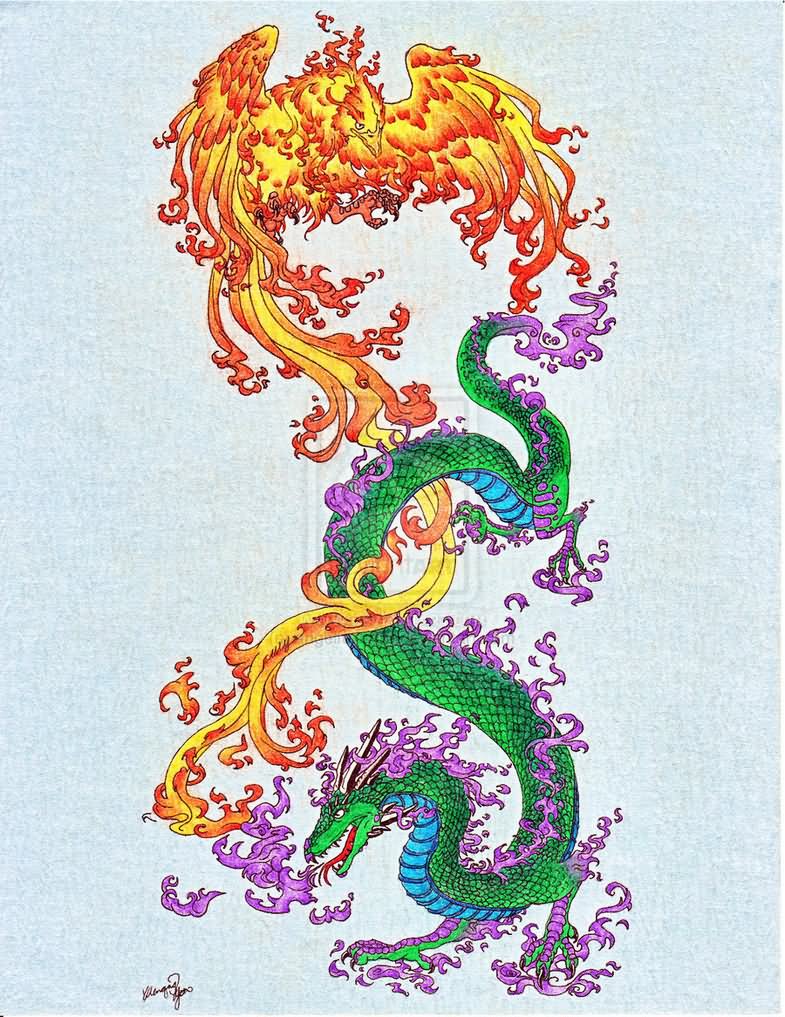 Colored Dragon Phoenix Tattoo by angelfox-700 on DeviantART