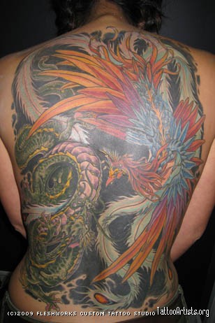 Colored Phoenix – Dragon Tattoo On Full Back