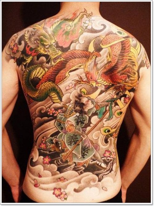 Colored Phoenix and Dragon Tattoo On Full Back