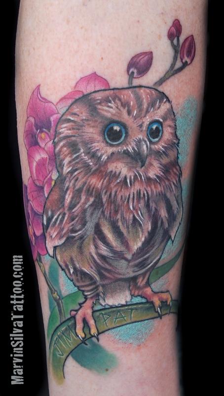 Colorful Baby Owl Tattoo By Marvin Silva
