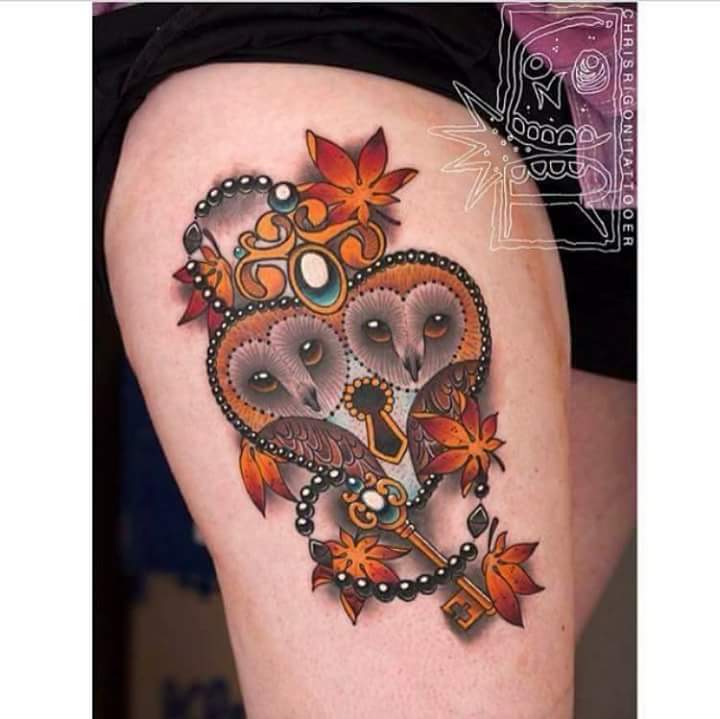 Colorful Barn Owls On Heart Shaped Lock & Key With Flowers Tattoo On Thigh