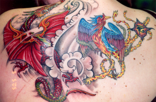 Colorful Dragon Phoenix Tattoo by Tres Denk