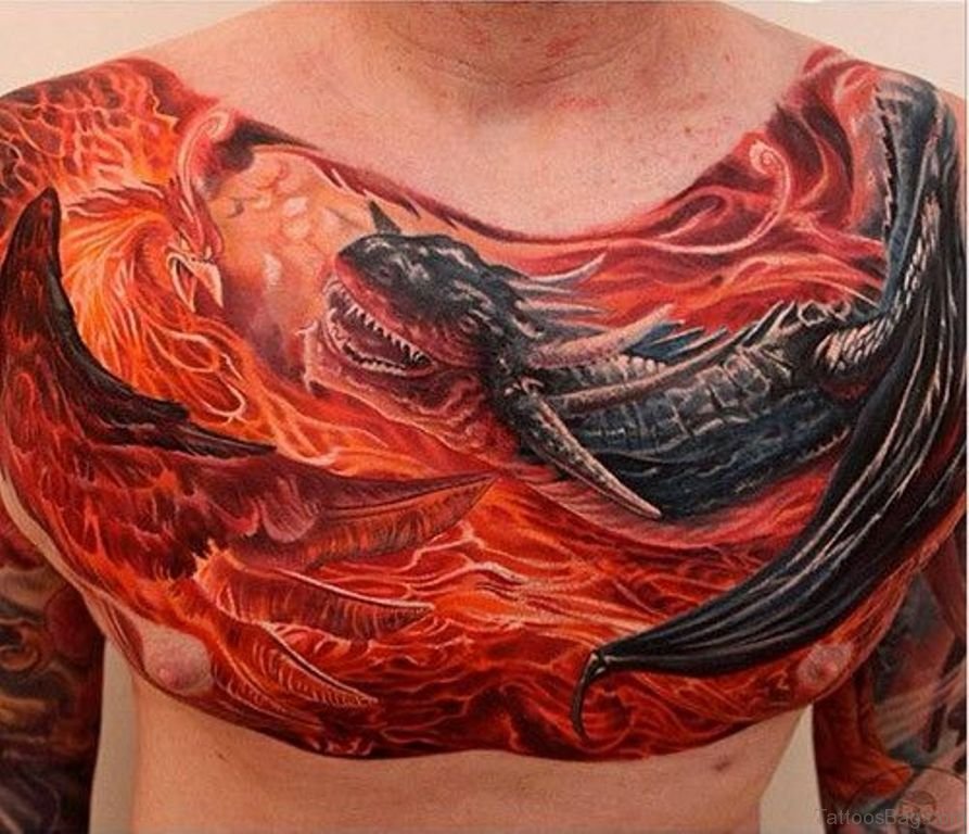 Colorful Dragon & Phoenix With Fire Flames Tattoo On Chest