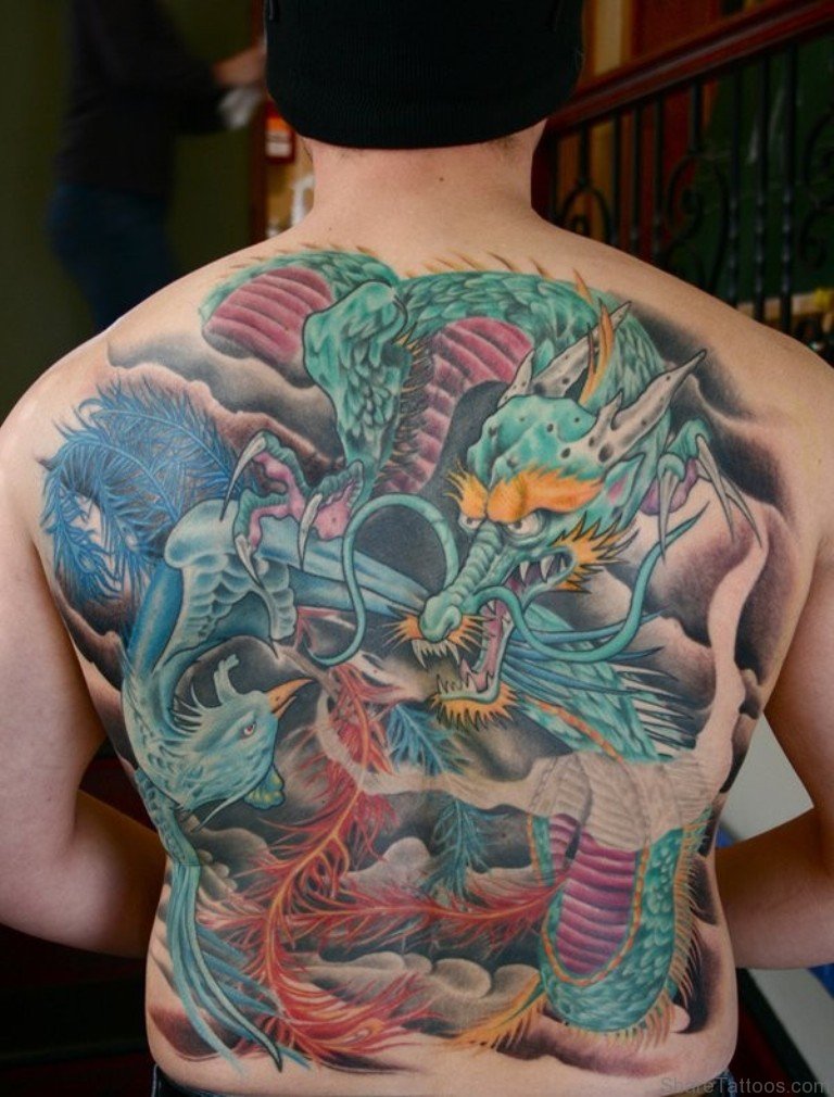 Colorful Dragon Vs. Phoenix Tattoo On Full Back